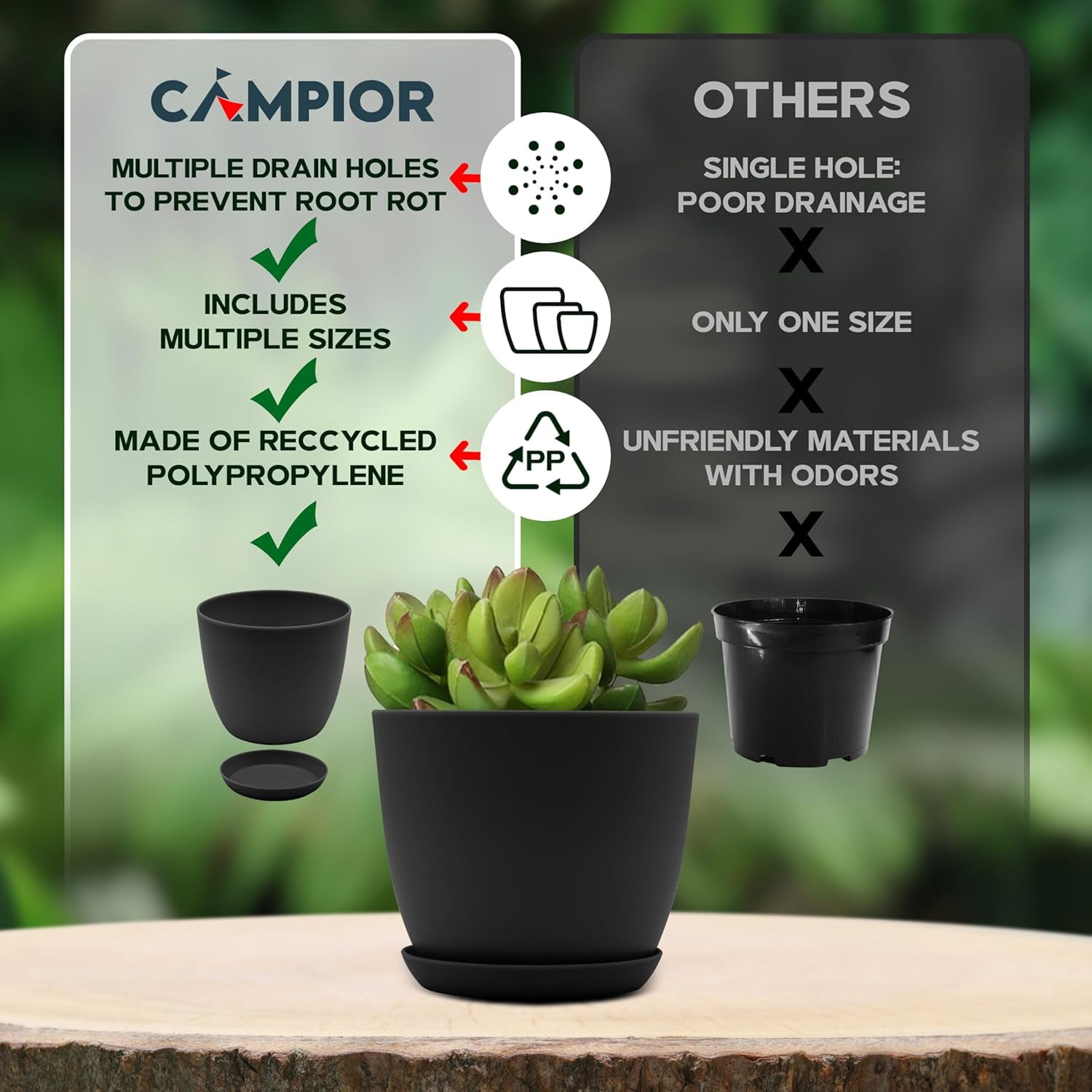 Campior Plastic Plant Pots with Drainage, Stackable Design for Indoor/Outdoor Use, Pack of 10, Black