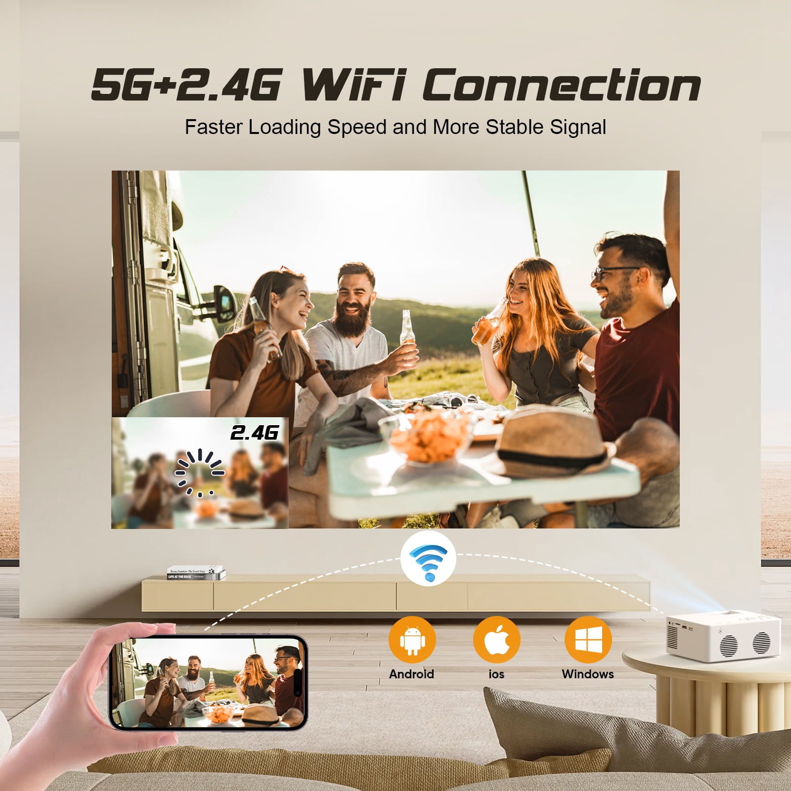 Faltopu Mini Projector with Wifi and Bluetooth, 9500LM Portable Home Theater Projector with Screen ,1080P 250"Display Supported