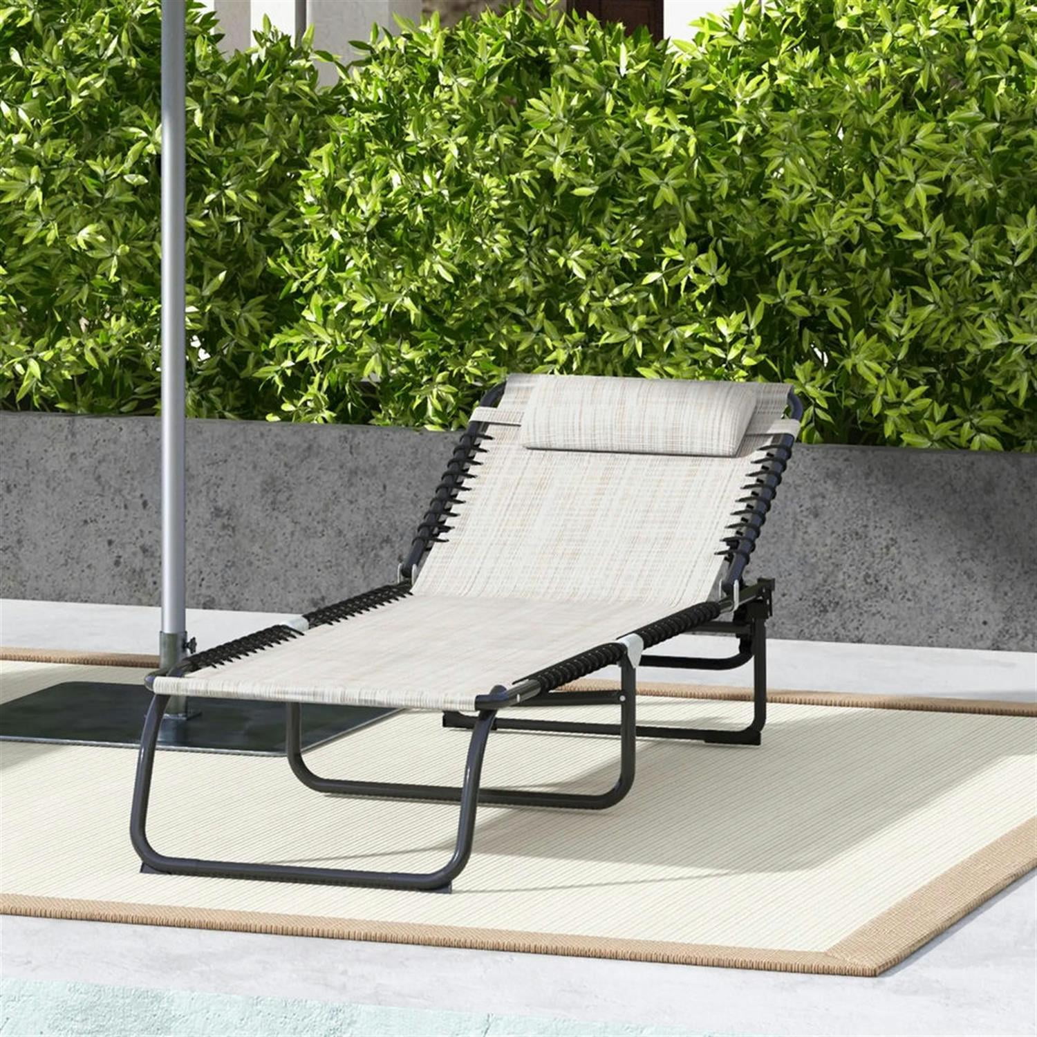 Demi Bonn Outdoor Folding Chaise Lounge with 4-Position Reclining, Mesh Seat & Bungee Back for Beach, Yard, Patio, Beige