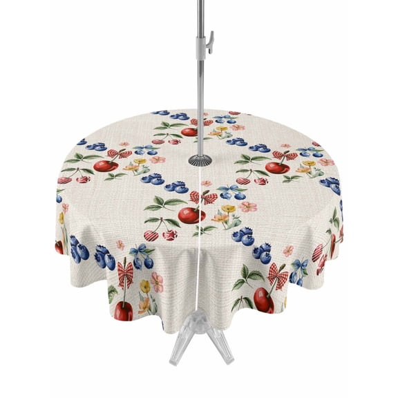 Outdoor Tablecloth with Umbrella Hole for Patio/Picnic/Party/Camping, Spring Botanical Waterproof Table Cloth Round Cover Washable, Rustic Summer Fruits Floral (Dia 54")