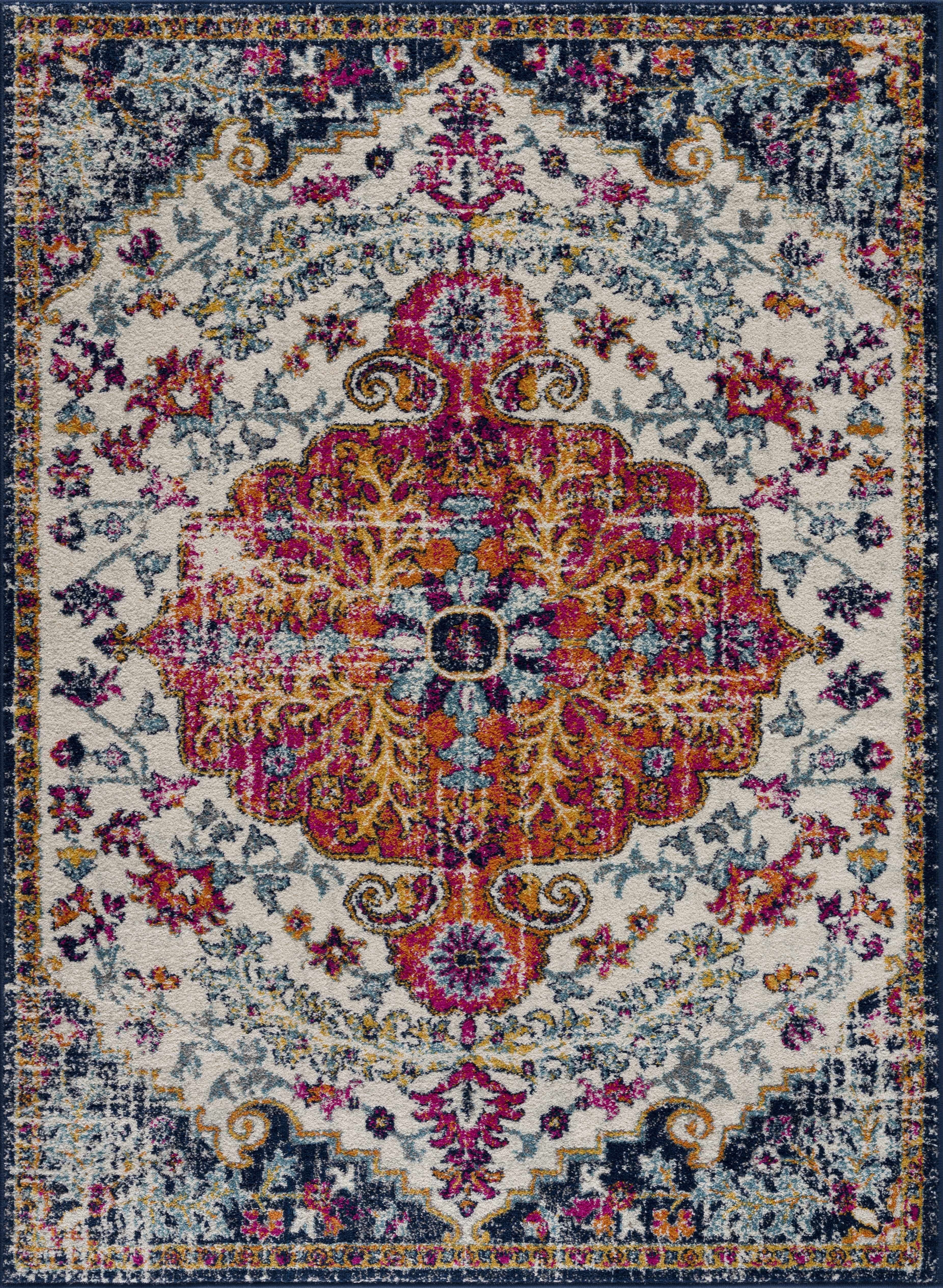 BoutiqueRugs Simsbury Oriental Medallion Runner Rug - Farmhouse Traditional Floral Carpet for Hallway, Kitchen - Navy, Fuchsia, Gray - 2'7" x 7'7" (2x8)