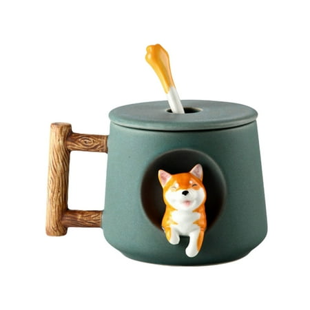 

Hrispe Cute Dog Couple Cup Ceramic Coffee Mug with A Lid Cute On The Top Of The Spoon Cute Shiba Lnu Three Design with Texture