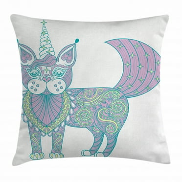 Unicorn Cat Throw Pillow Cushion Cover, Magic Cat with Artistic Ethnic Ornate Patterns Boho Tribal Motifs, Decorative Square Accent Pillow Case, 20 X 20 Inches, Pink Teal Pale Yellow, by Ambesonne