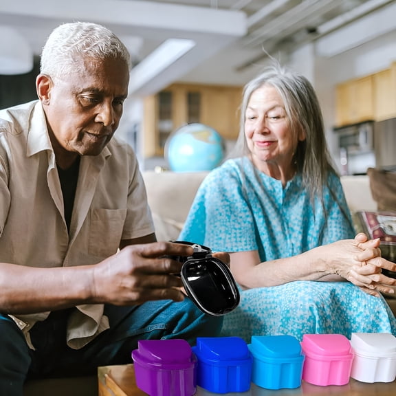 ACDANC Colorful Denture Bath Case with Brush,Denture Cup Soaking Holder False Teeth Container Mouth Guard Storage Case Cleaning with Lid Waterproof