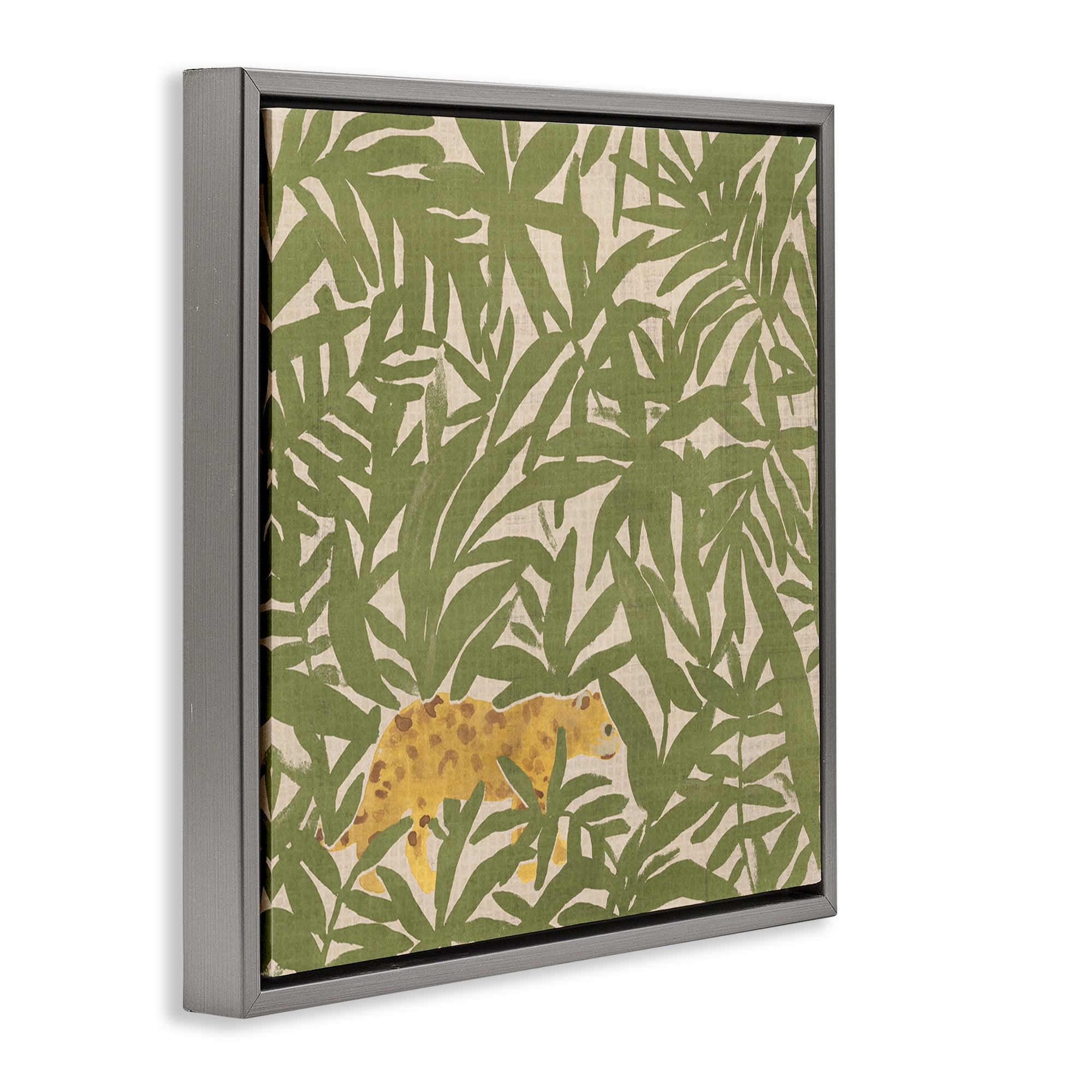 Stupell Industries Prowling Cheetah in Plants Botanical & Floral Painting Gray Floater Framed Canvas Art Print Wall Art, 25 x 25