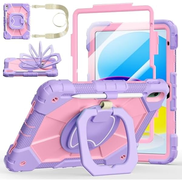 wonim11 Case for iPad (A16) 11th/10th Generation 11/10.9 Inch 2025/2022, Ubearkk for iPad a16 case with Screen Protector, 360 Degree Rotating Stand Shoulder Strap Pencil Holder, Purple Pink