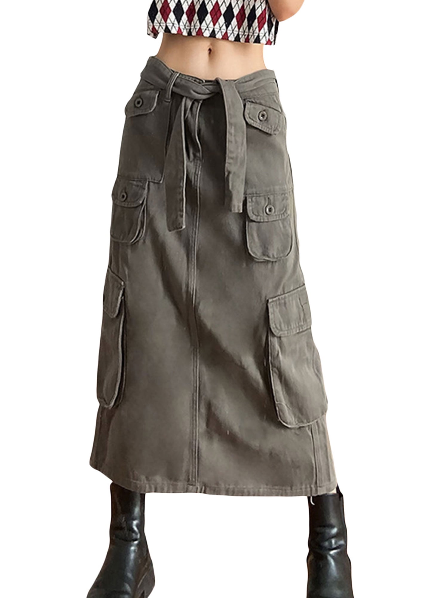 hirigin Women Cargo Skirt, Vintage Low Waist Solid Long Skirt with