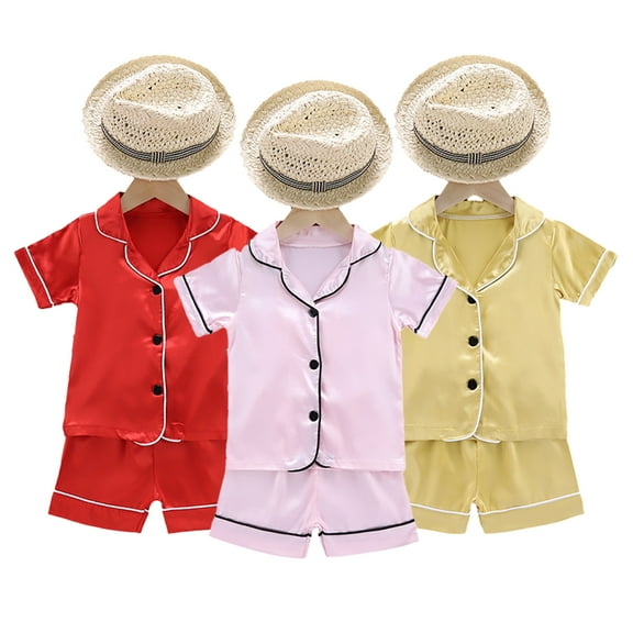 Esaierr Toddler Kids Boys Girls Short Sleeve Pajamas Pjs Set Baby 2Pcs Summer Pj Set Sleepwear Buttons Cotton Sleep 2 Piece Kids Lounge Jammies Outfits for 1-5 Y