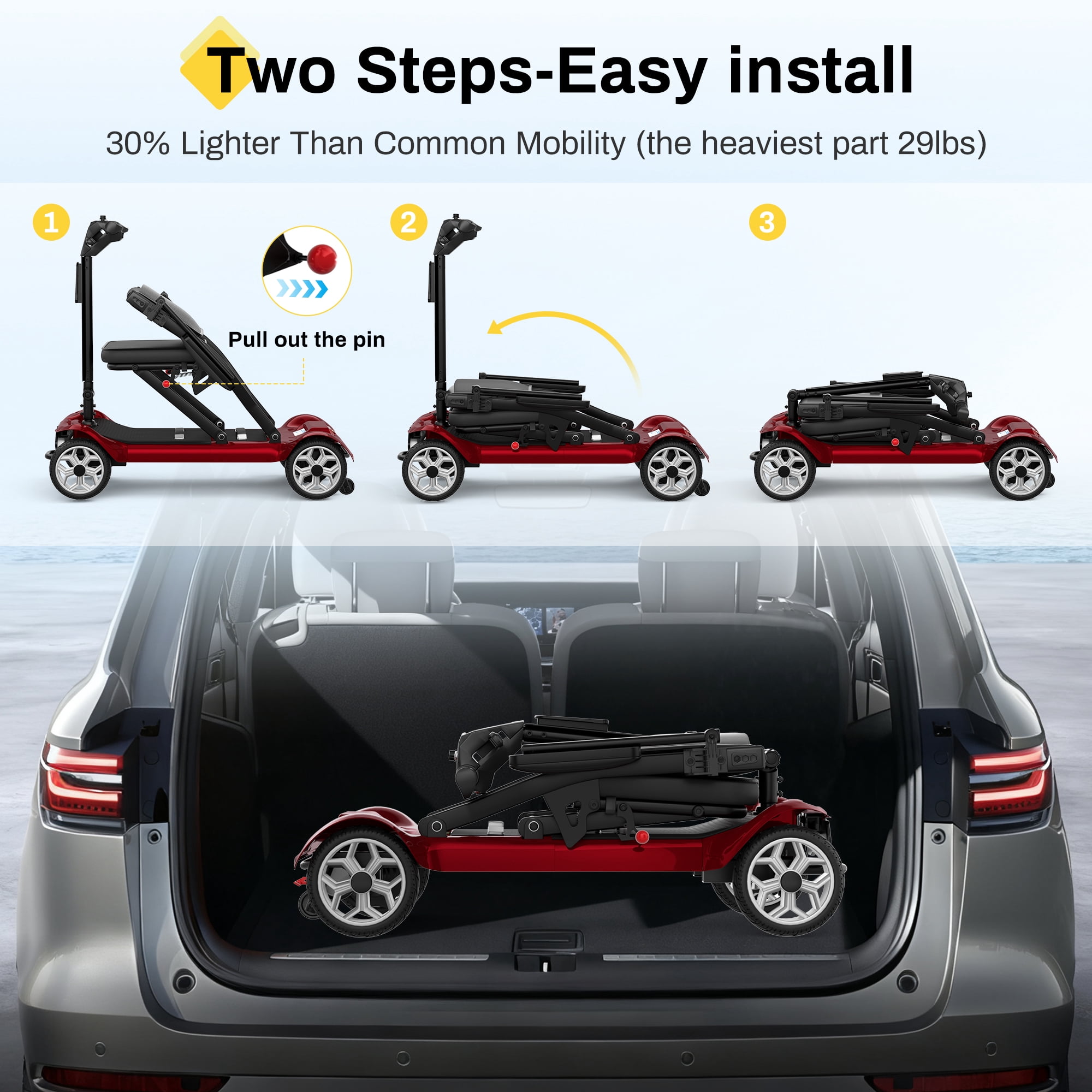 COOLHUT Ultra Lightweight 4 Wheel Mobility Scooter for Seniors (only 50lbs), 25+ Miles Travel Dual Battery Mobility Scooters, Aluminum Electric Folding Wheelchair Device, Red