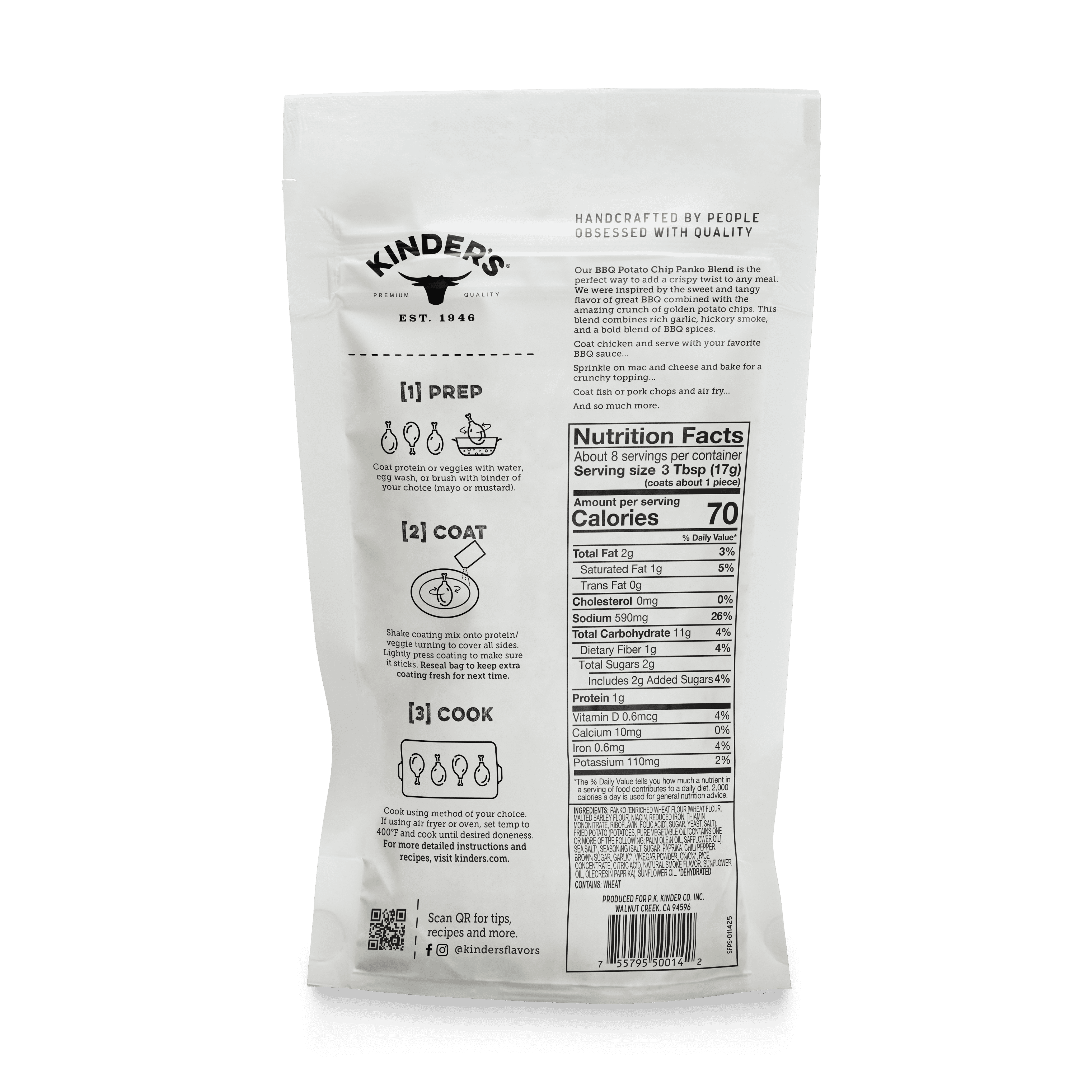 (3 pack) Kinder's BBQ Potato Chip Seasoned Panko Crumb Coating Mix, 5 oz