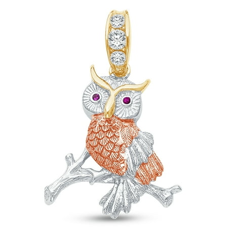 Tri Color Owl - 14K Tri 3 Color Gold Diamond-Cut Ornate Owl Charm Pendant with CZ Cubic Zirconia Accents (30x29 mm)