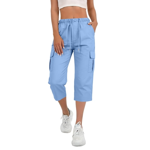 Capri Pants for Women,Women's Capri Pants Cargo Capris Travel Hiking Casual Summer Cropped Pants Stretch Drawstring Solid Color Pants