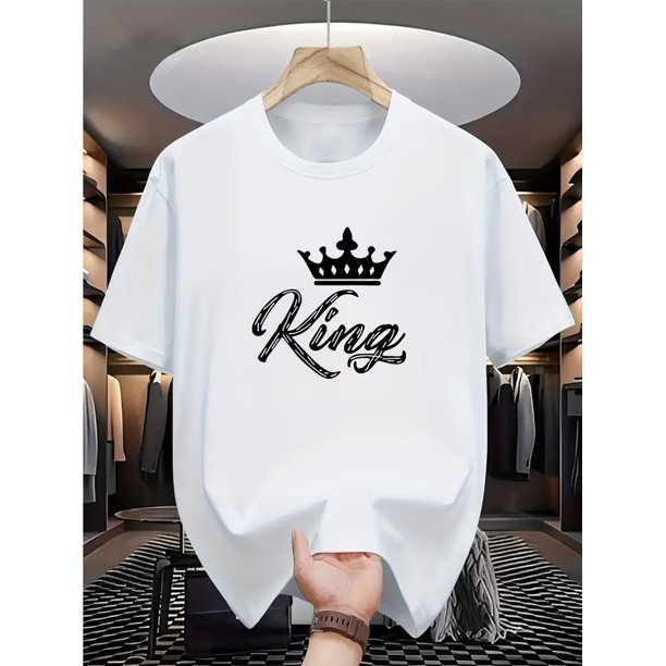 Boys' Casual Short Sleeve T-Shirt with Crown & King Letter Graphic - Vibrant Geometric Print, Breathable Round Neck Tee for Outdoor Sports & Summer Activities, Machine Washable, Ages 5-16 Yea