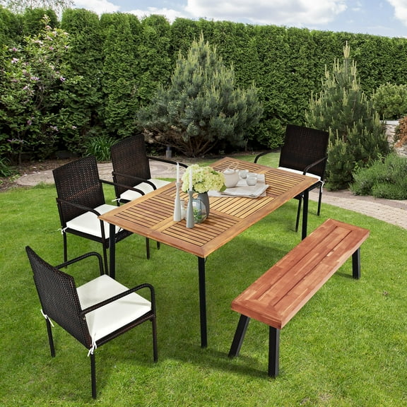 Costway 6PCS Patio Rattan Dining Set Armrest Chair Wood Table Top Umbrella Hole