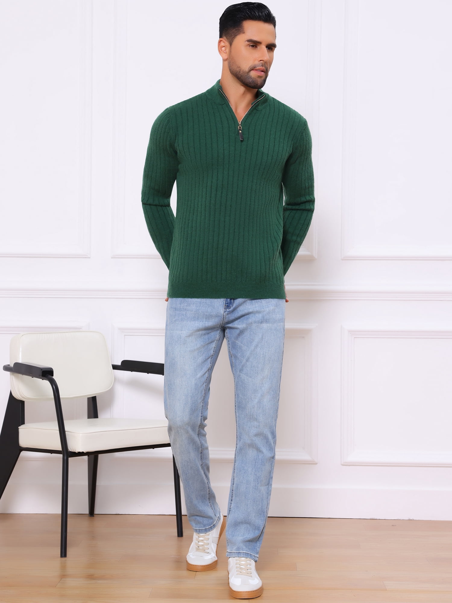 DARING DIVA Men's Casual Pullover Knitted Mock Neck Polo Sweater S Green