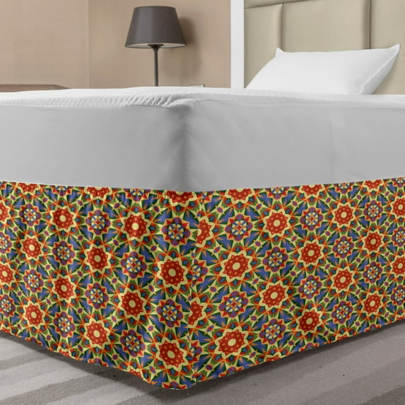 Geometric Bed Skirt, Floral Pattern Warm Tones Abstract Culture Inspired Ethic Tribal Motifs, Elastic Bedskirt Dust Ruffle Wrap Around for Bedding Decor, 4 Sizes, Multicolor, by Ambesonne