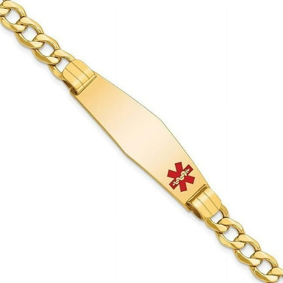 Primal Gold 14 Karat Yellow Gold Semi-solid Medical Soft Diamond Shape Red Enamel Curb Link ID Bracelet
