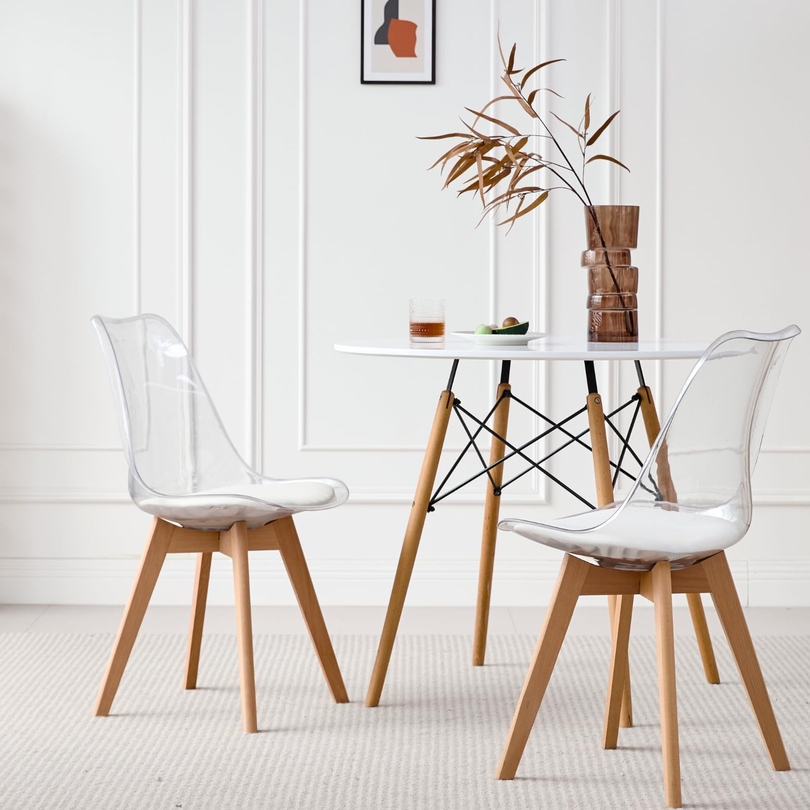 Dining Chairs Set of 2, Clear Acrylic Mid Century Modern Kitchen Chairs with Soft Padded and Wood Legs for Dinner, Living Waiting Room, Bedroom, Apartment, Transparent