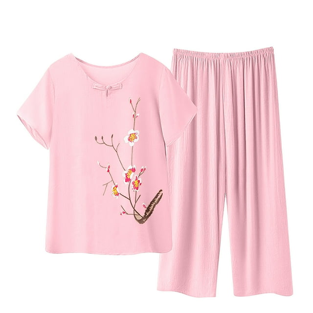 DPTALR Women's Summer Two Piece Set Short Sleeve Round Neck Pajama Set Printed Tops Pants Set