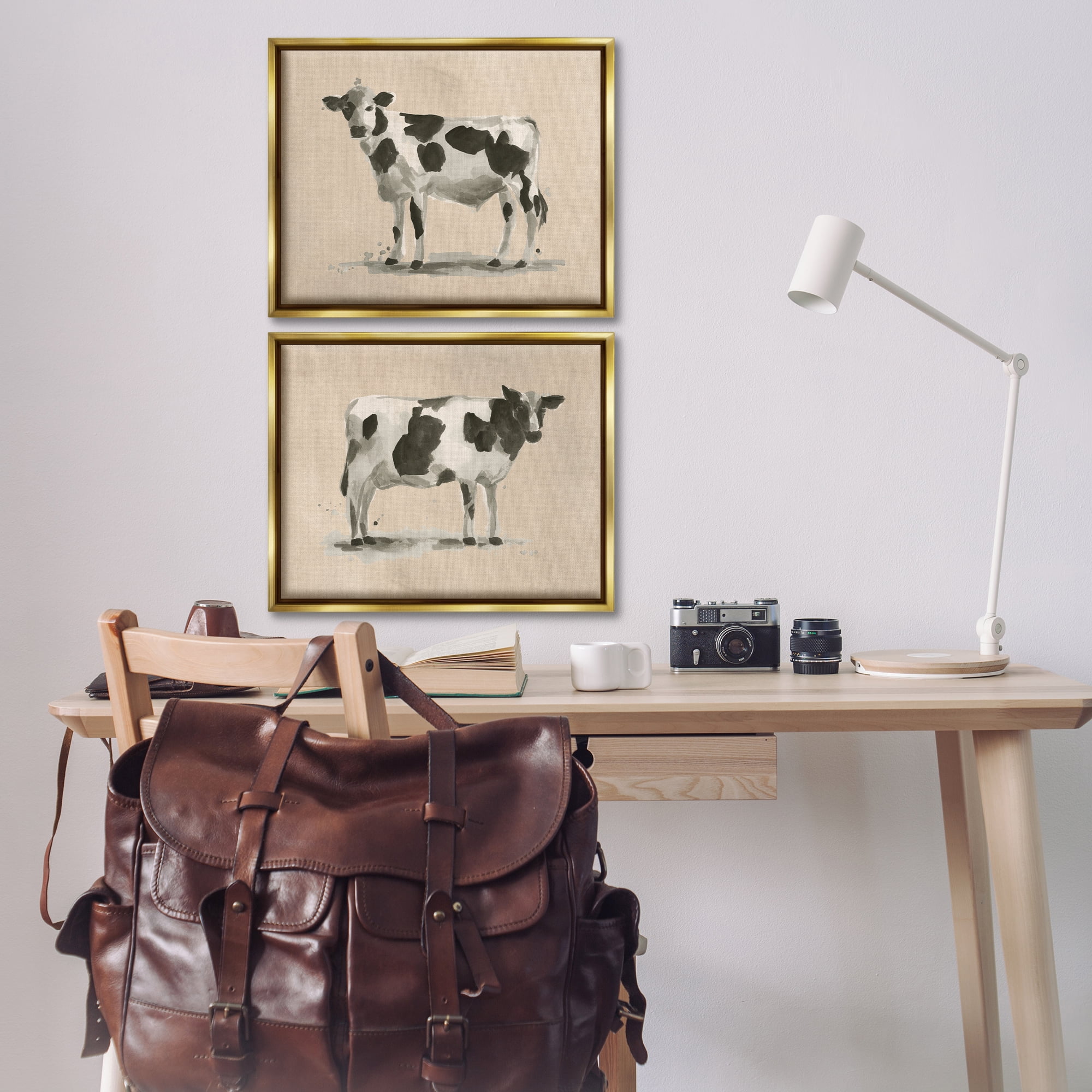 Stupell Industries Beige Holstein Cow Portrait Animals Painting Gold Floater Framed Canvas Art Print Wall Art, 21 x 17, Set of 2