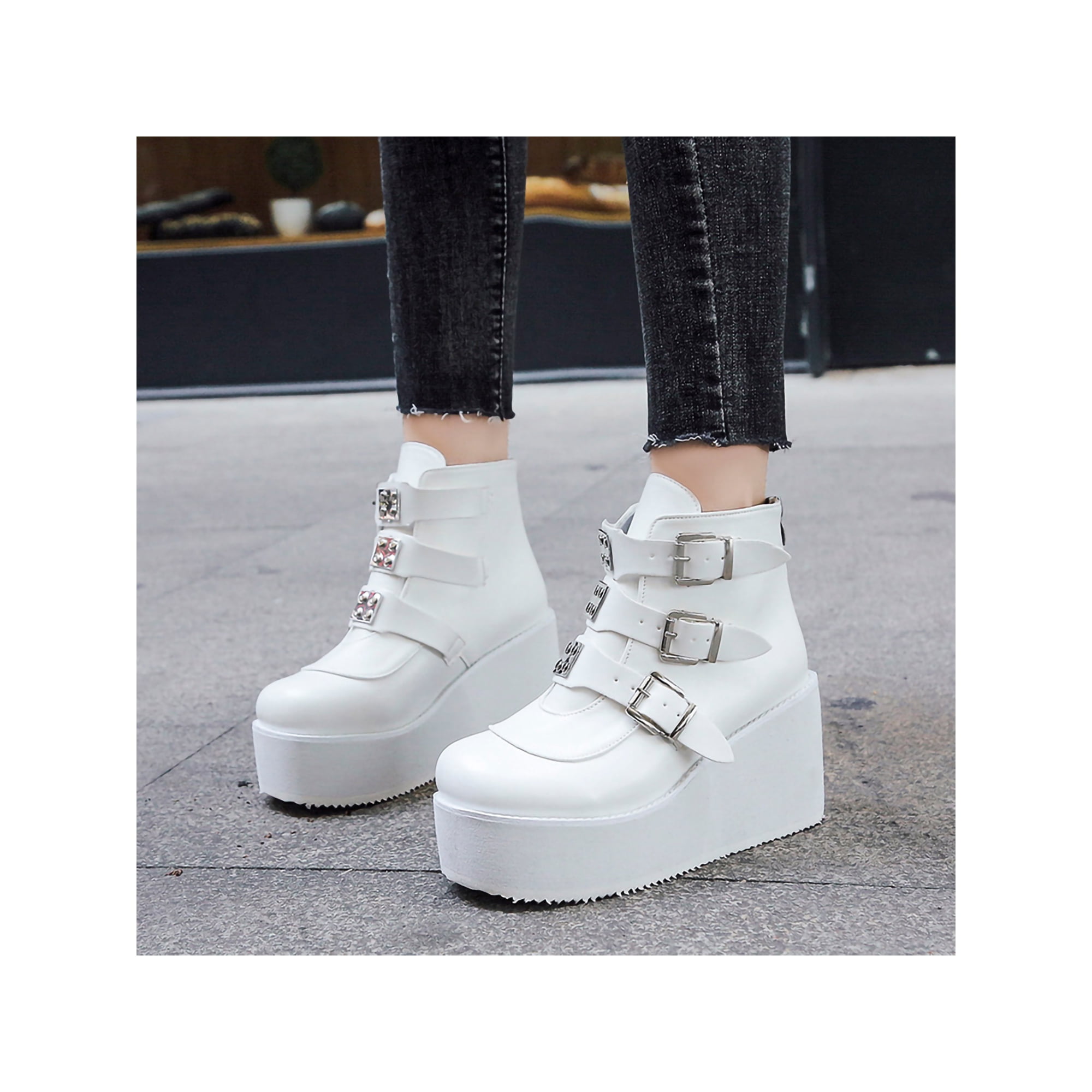 LUXUR Women Platform Boot Buckle Strap Ankle Booties Wedge Goth Punk Boots Casual Womens White 4.5 Walmart