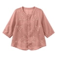 thumbnail image 4 of Cotton Linen T Shirts for Women Elbow Length Sleeve Tops Womens Button Down Crew Neck Summer Fall Tshirts, 4 of 7
