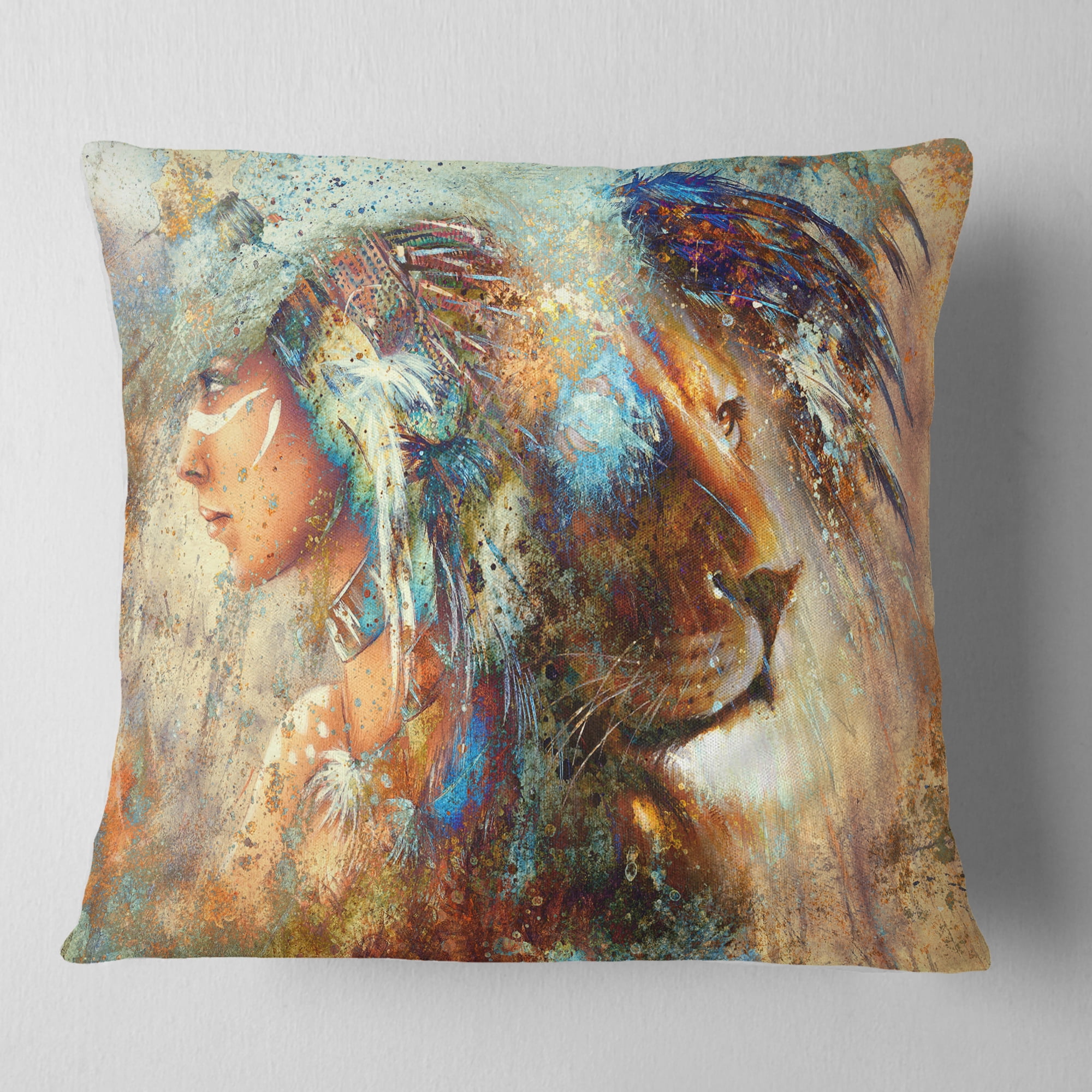 Designart Indian Woman Collage with Lion - Indian Throw Pillow - 18x18