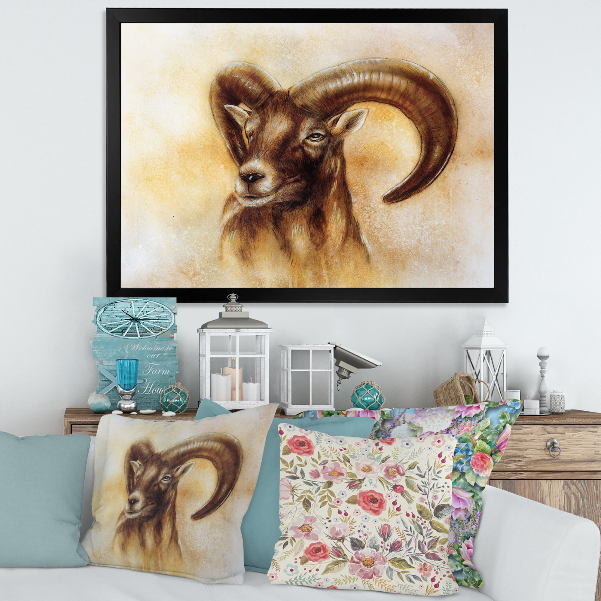 Designart 'Abstract Portrait of Wild Ram With Mighty Horns I' Modern Framed Art Print