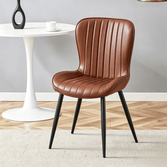 JUFU Dining Chairs Set of 2 Upholstered Dining Chairs with High Back PU Leather Seat, Modern Kitchen & Dining Room Chairs with Metal Legs, Brown