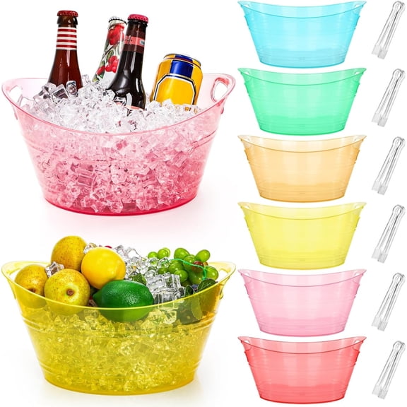 6 Pack Plastic Ice Bucket, 4.5 Liter Small Champagne Bucket with Tongs Handle, Colorful Oval Storage Tub Drink Buckets Bulk for Parties, Mimosa Bar, Cocktail Wine Beer Bottle Cooler, Multicolor