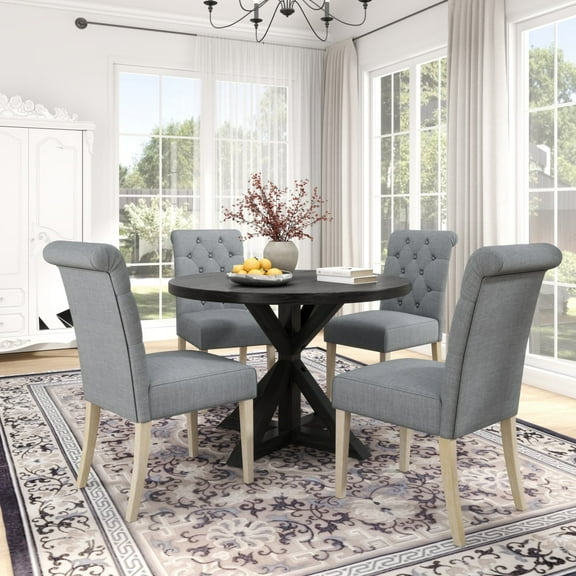 Newboti Banff 5-piece Dining Set, Cross-Buck Round Table with 4 Tufted Chairs, Gray 512772565498615