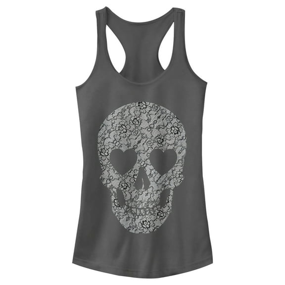 Junior's Lost Gods Lace Print Heart Skull  Racerback Tank Top Charcoal Small