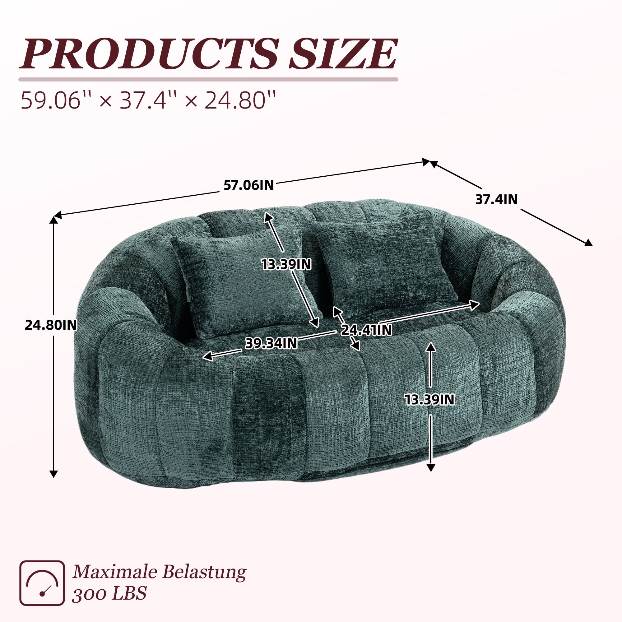 MOONMISS Large 59'' Bean Bag Chair for Adults,Chenille Shell-Shaped Couch with Two Pillows,Oversized Single Sofa,Emerald