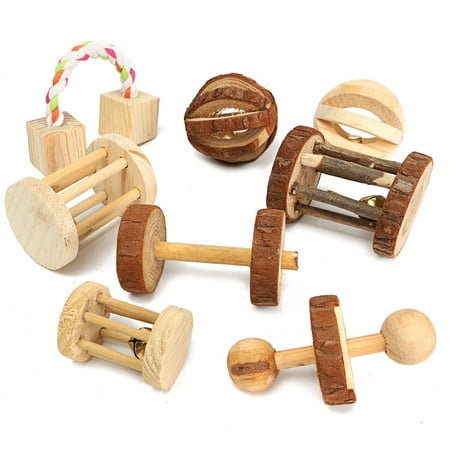 Natural Pine Dumbells Unicycle Bell Roller Chew Toys For Rabbits Guinea Pigs