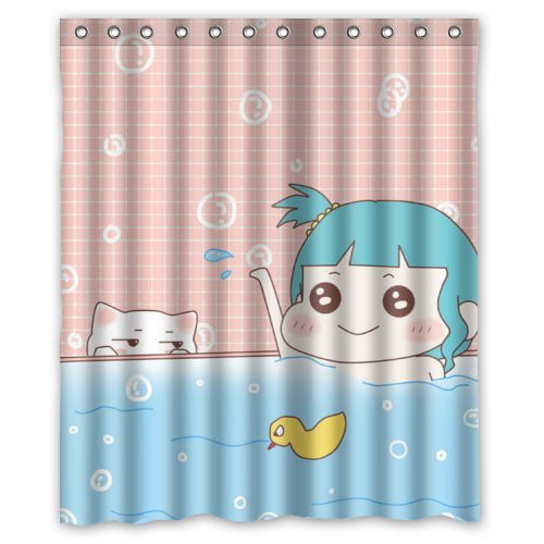 Greendecor Cartoon Cute Girl In Tub, Pusheen Cat Shower Curtains