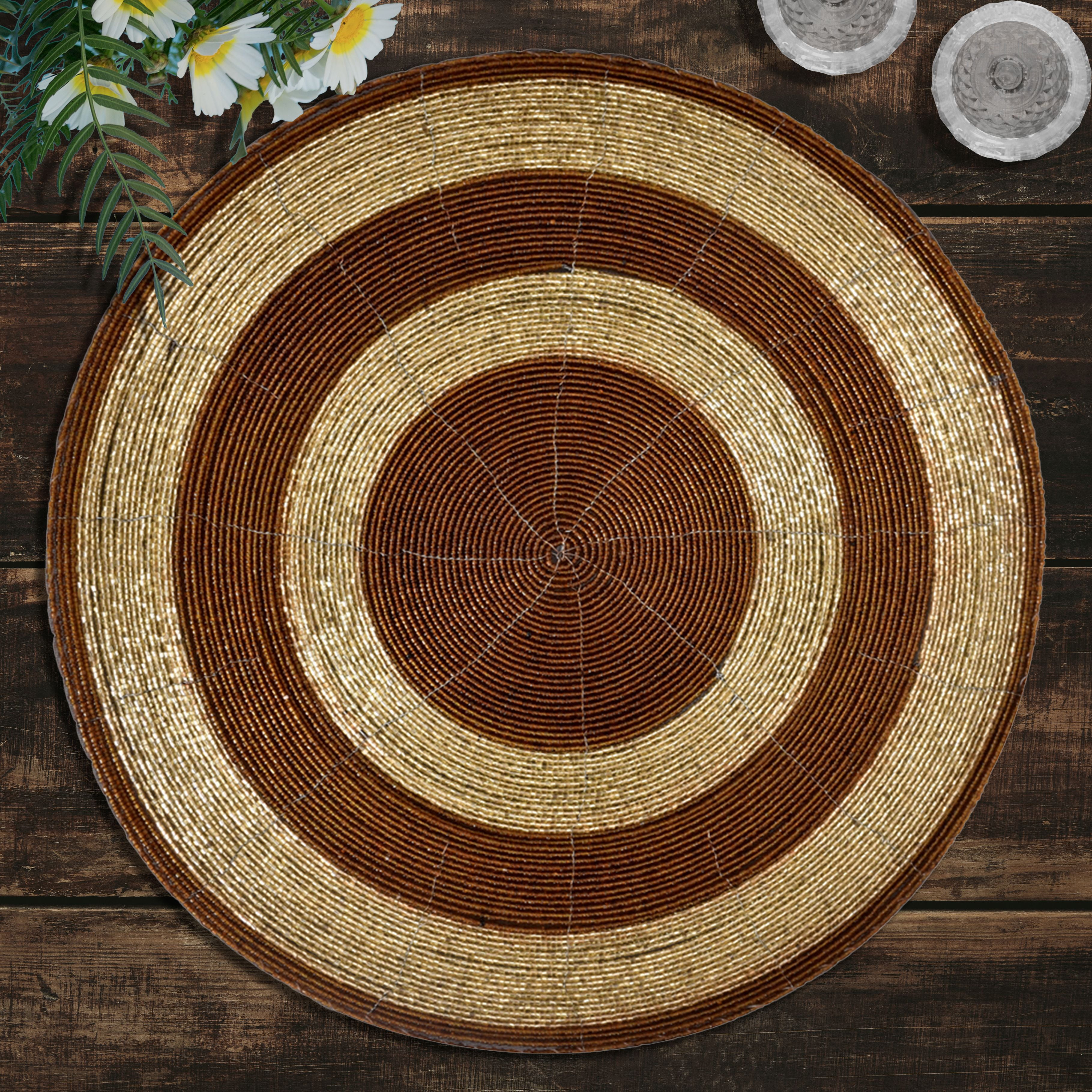Beaded Placemats Set of 8 for Dining Table, Table Placemats, 14 Inches Round - Brown Gold