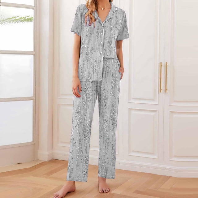 Pisexur Pyjamas pour Femmes Ensemble, Pyjamas pour Femmes, Mode Féminine Imprimée Fine Manches Courtes Pantalon Long Col Pyjama Costume Gris,2TG