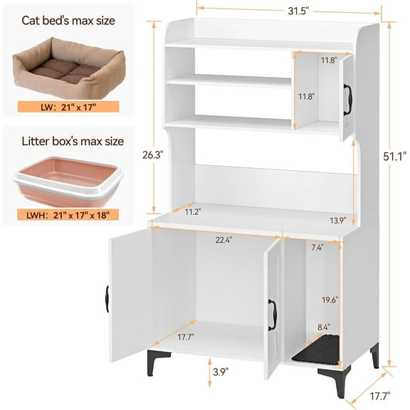 Acekid Cat Litter Box Enclosure With Shelves Litter Box Enclosure Hidden Litter Box Furniture Hidden Cat Litter Box Enclosure Furniture Cat Washroom Storage Indoor Cat House White