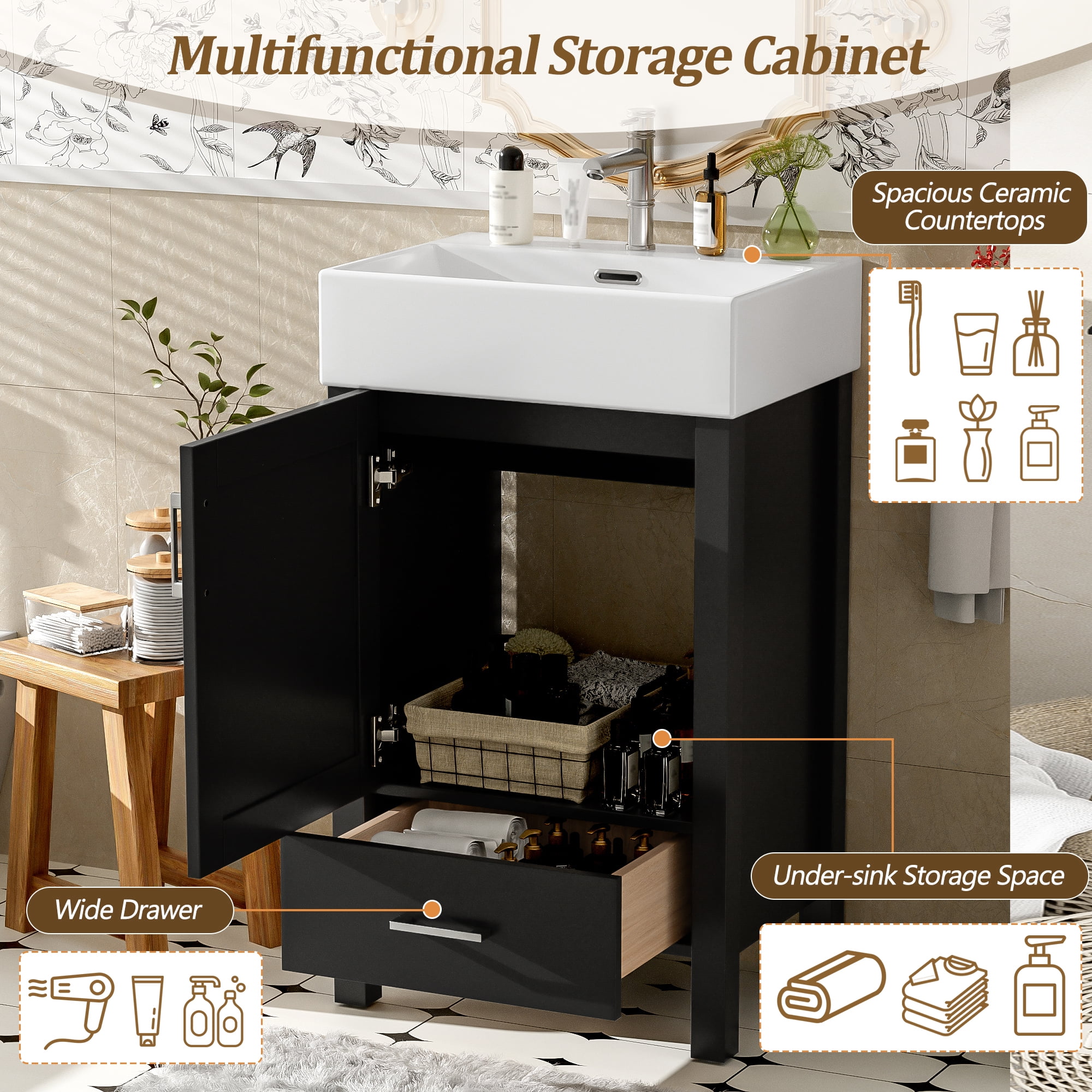 MODERNLUXE 20" Bathroom Vanity with Ceramic Sink, Undermount Vanity Sink Cabinet with Soft-Close Door & 1 Drawer, Freestanding Bathroom Storage Cabinet for Small Space,Black