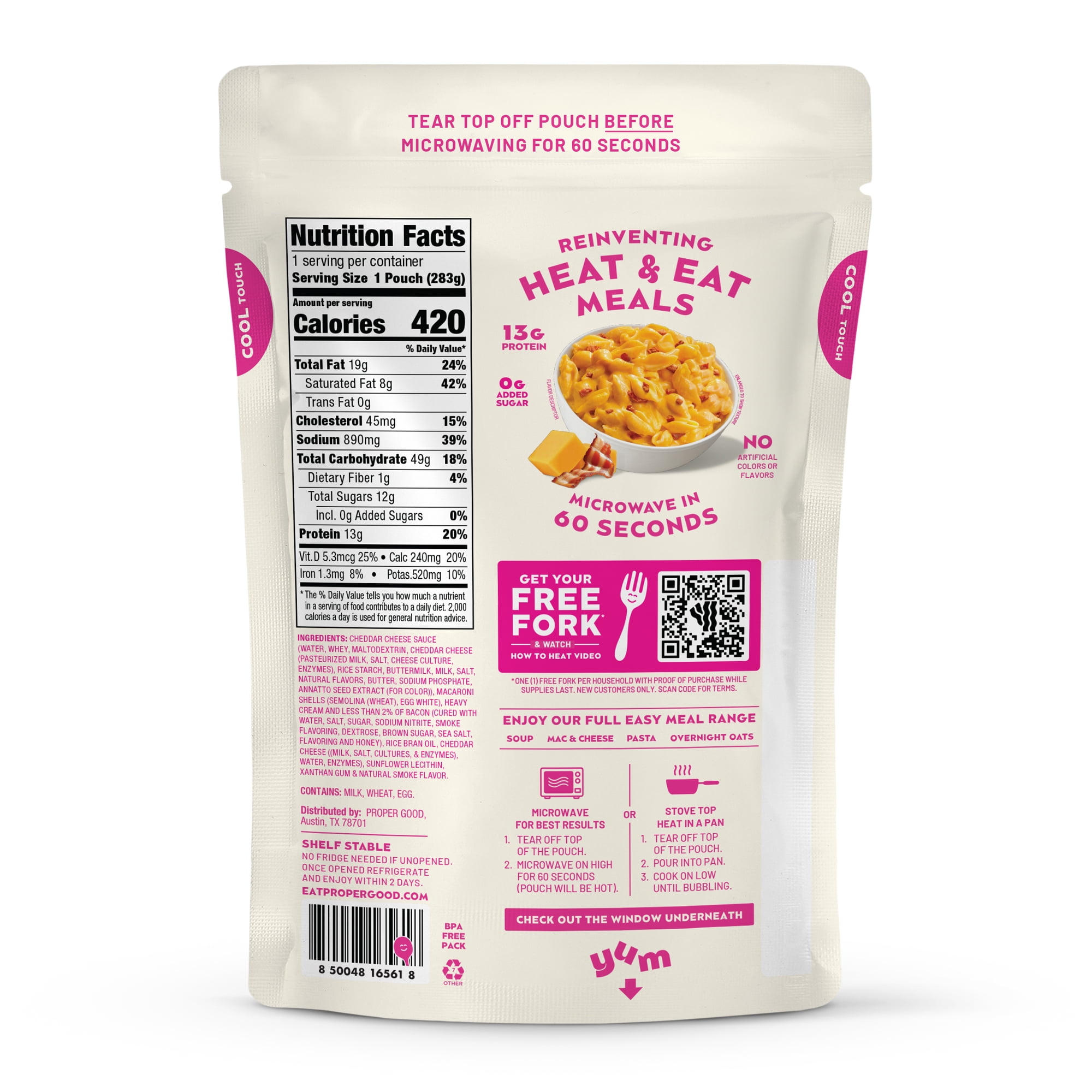 (2 pack) Proper Good Bacon Cheddar Mac and Cheese, Ready in 60 Seconds, Shelf-Stable Meal, 10oz