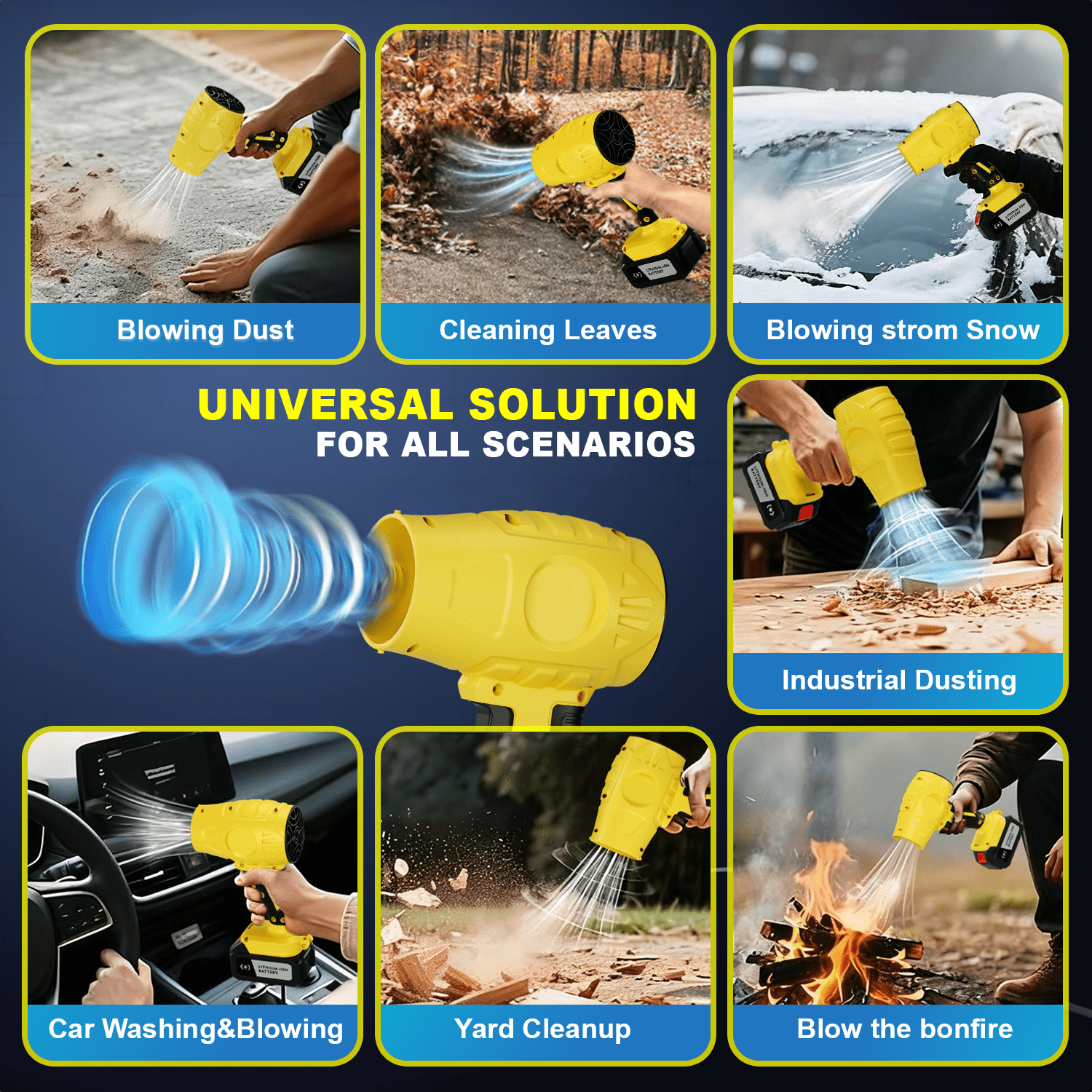 Brushless Cordless Leaf Blower 2 Batteries, Portable Dust Cleaner Handheld Blower Air Duster for Patio Cleaning, Lawn Care, Drying, Camping Yellow