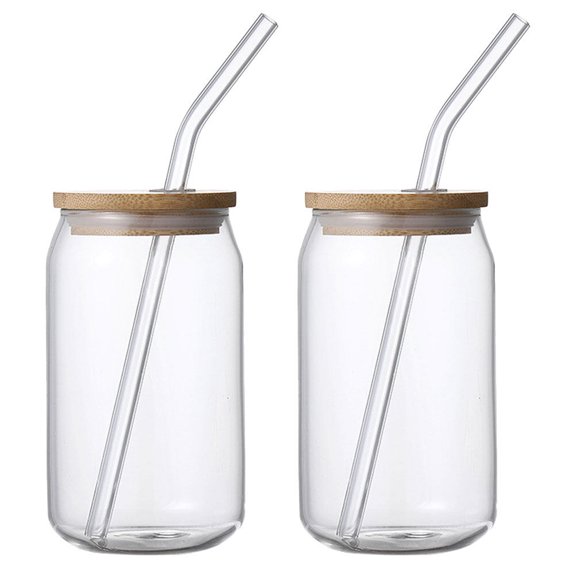 2Pcs Glass Water Cups Cola Straw Cups with Lids Portable Beverage Cups