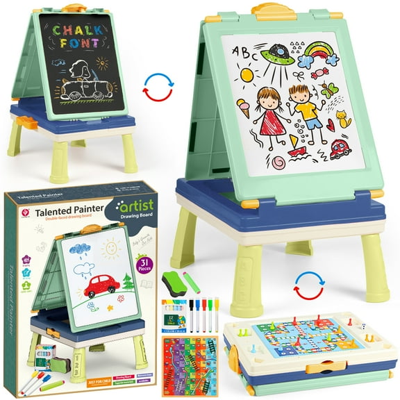 Freecat Easel for Kids, Toddlers' Double Sides Drawing Board with Blackboard & Whiteboard, Carry Case,Green, Board Game,Birthday Christmas Gift for Kids Girls Boys 3-5 Years Old.(20"×11.5"×15.2")