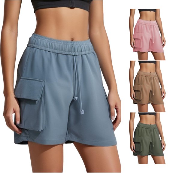 Trendfront Womens Solid Color Cargo Shorts High Waisted Elastic Drawstring Waist Side Pockets Relaxed Fit Casual Bottoms