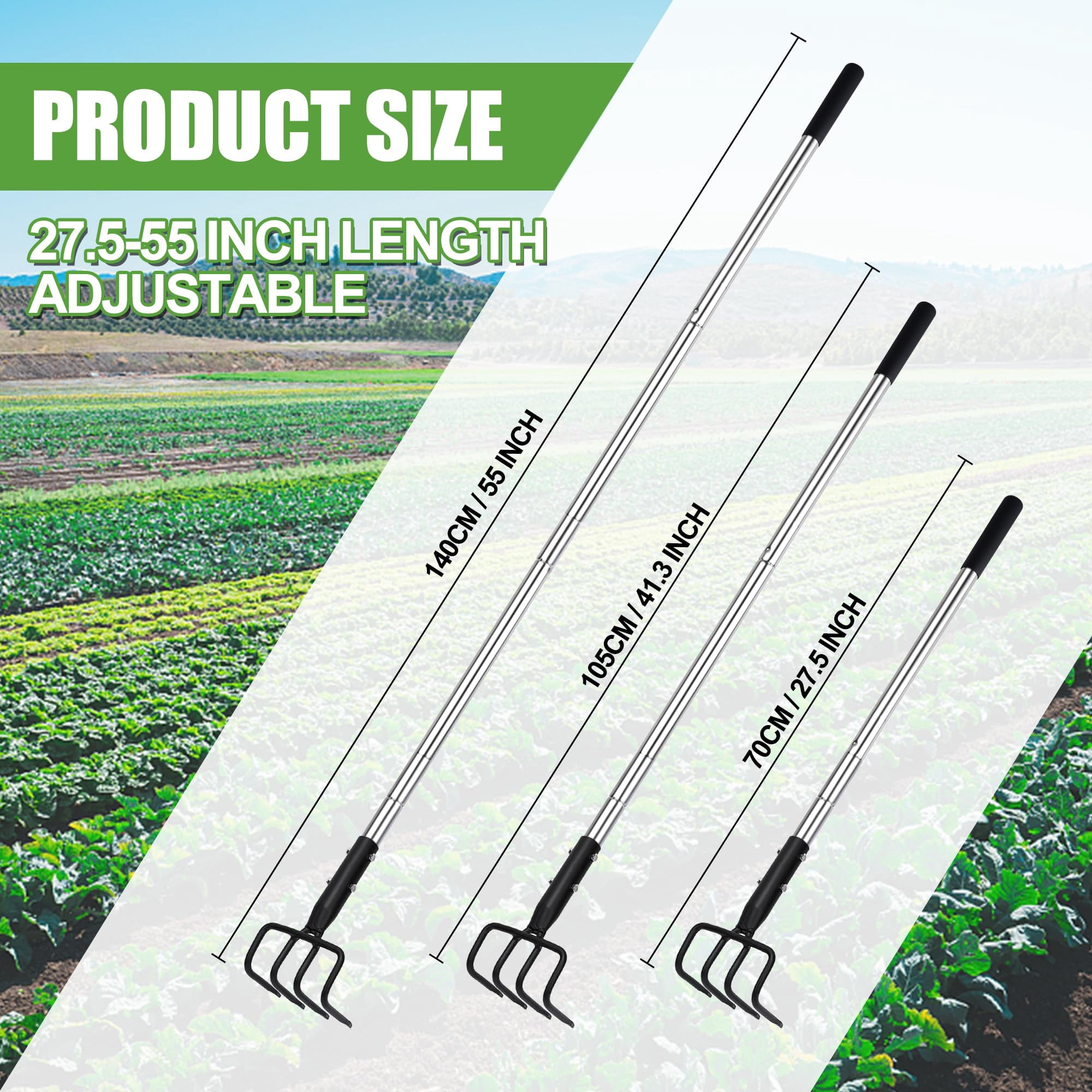 Long Hand Cultivator  Carbon Steel & Stainless Tiller Garden With Telescopic Handle And Soft Cover For Digging Loosening Weeding
