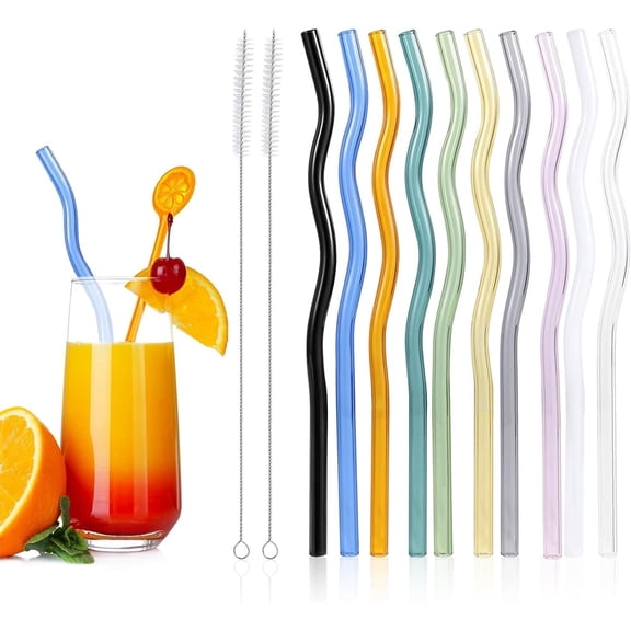 Januofit 10 Pcs Reusable Wavy Colorful Glass Straws,9''x8 mm Shatter Resistant Cute Drinking Straws with 2 Cleaner Brush for Beverages,Coffee,Juice,Cocktail,Teas