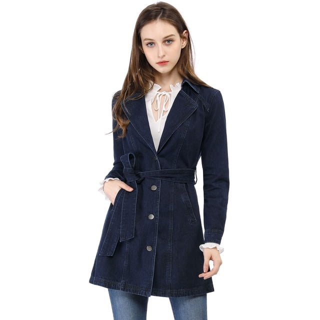 Chaqueta Vaquera Allegra K Larga con Cinturón y Solapa con muesca para Mujer Azul oscuro L