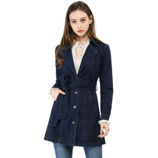 Chaqueta Vaquera Allegra K Larga con Cinturón y Solapa con muesca para Mujer Azul oscuro L