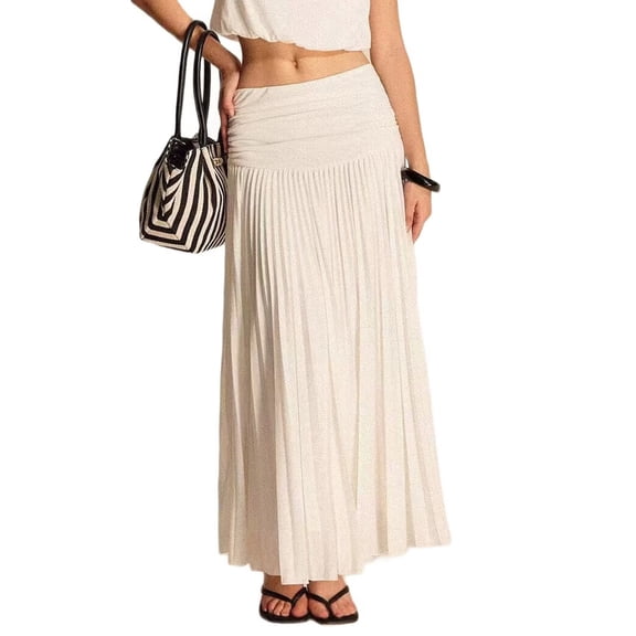 Women'S Solid Color Pleated Midi Skirt Versatile Fashion Casual Long Skirt Elegant White XL