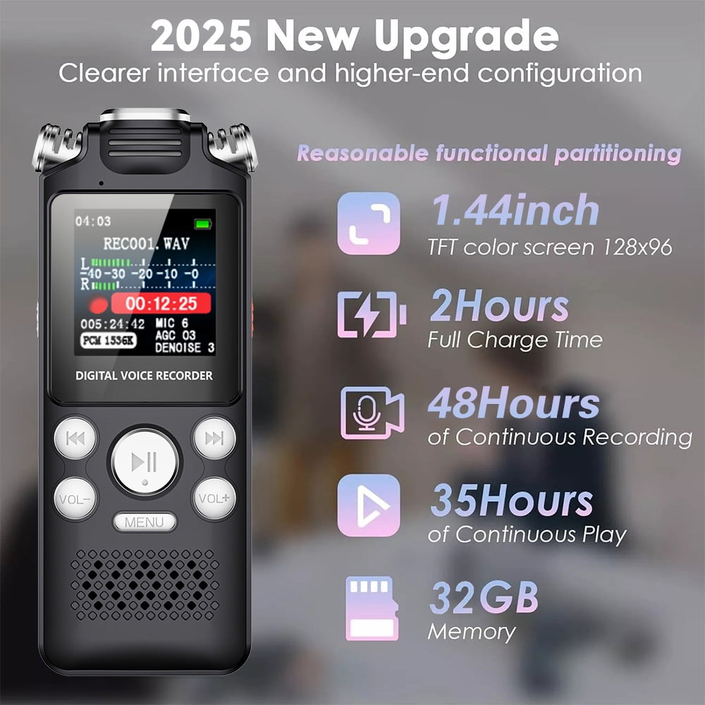 Wiher Portable Digital Voice Recorder With Playback Function 32GB Voice Activated Recorder Password Protection Noise Reduction MP3 Type-C for Lectures, Meetings Device, Interviews